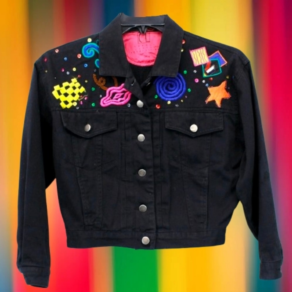 📣 Vintage 90s Carole Little Petites Cropped🌈 Embroidery 🖤 Denim Jacket 8P 😍